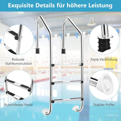 COSTWAY 3 stufiger Edelstahl Poolleiter, Schwimmbad Leiter bis 150kg belastbar, Einstiegsleiter Silb