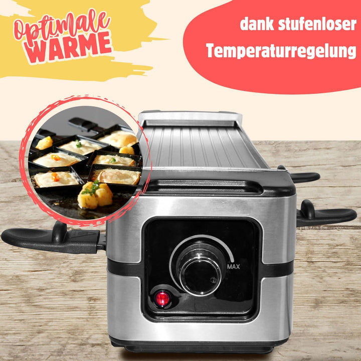 Syntrox Raclette Grill 4 Personen Ursli 600W, 4 Pfännchen 4 Spatel Antihaftbeschichtet, Stufenlose T