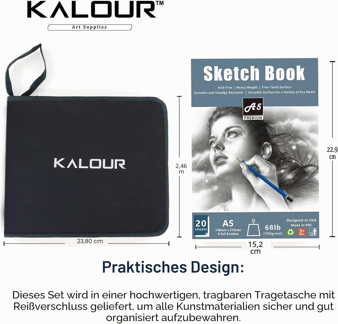 KALOUR ZeichenKit, 34teilig, Zeichnungs und Zeichenstift, in Tragetasche mit Reissverschluss, Kunstb