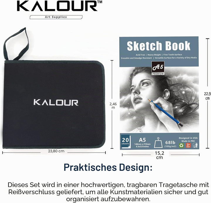 KALOUR ZeichenKit, 34teilig, Zeichnungs und Zeichenstift, in Tragetasche mit Reissverschluss, Kunstb