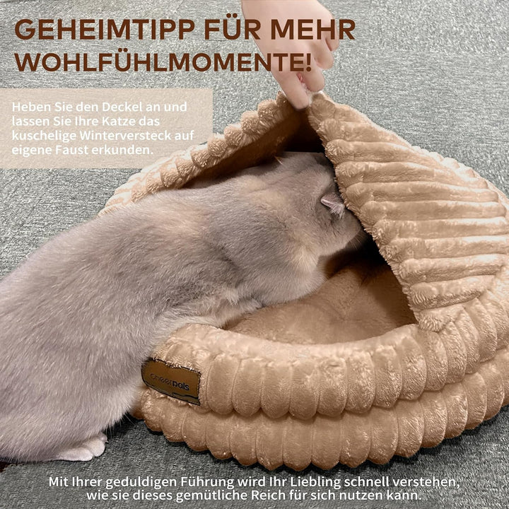 CheerPals Katzenbett mit Deckel 50cm, Waschbar Kuschelhöhle, Winterversteck mit Hochelastischer Schl