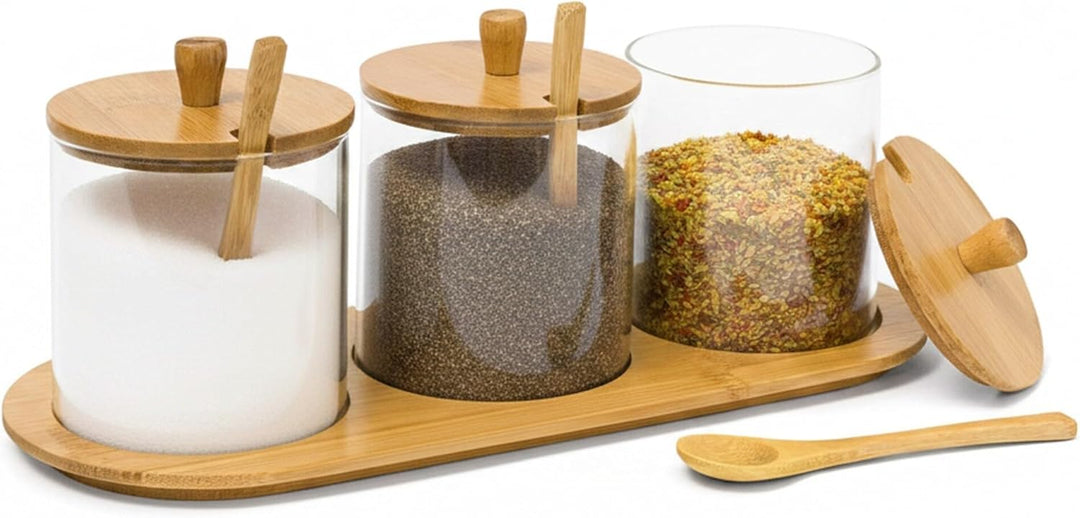 Relaxdays Gewürzgläser JIAO HBT: 12 x 31 x 12 cm Bambus Gewürzhalter für 3 Gewürzbehälter aus Glas m