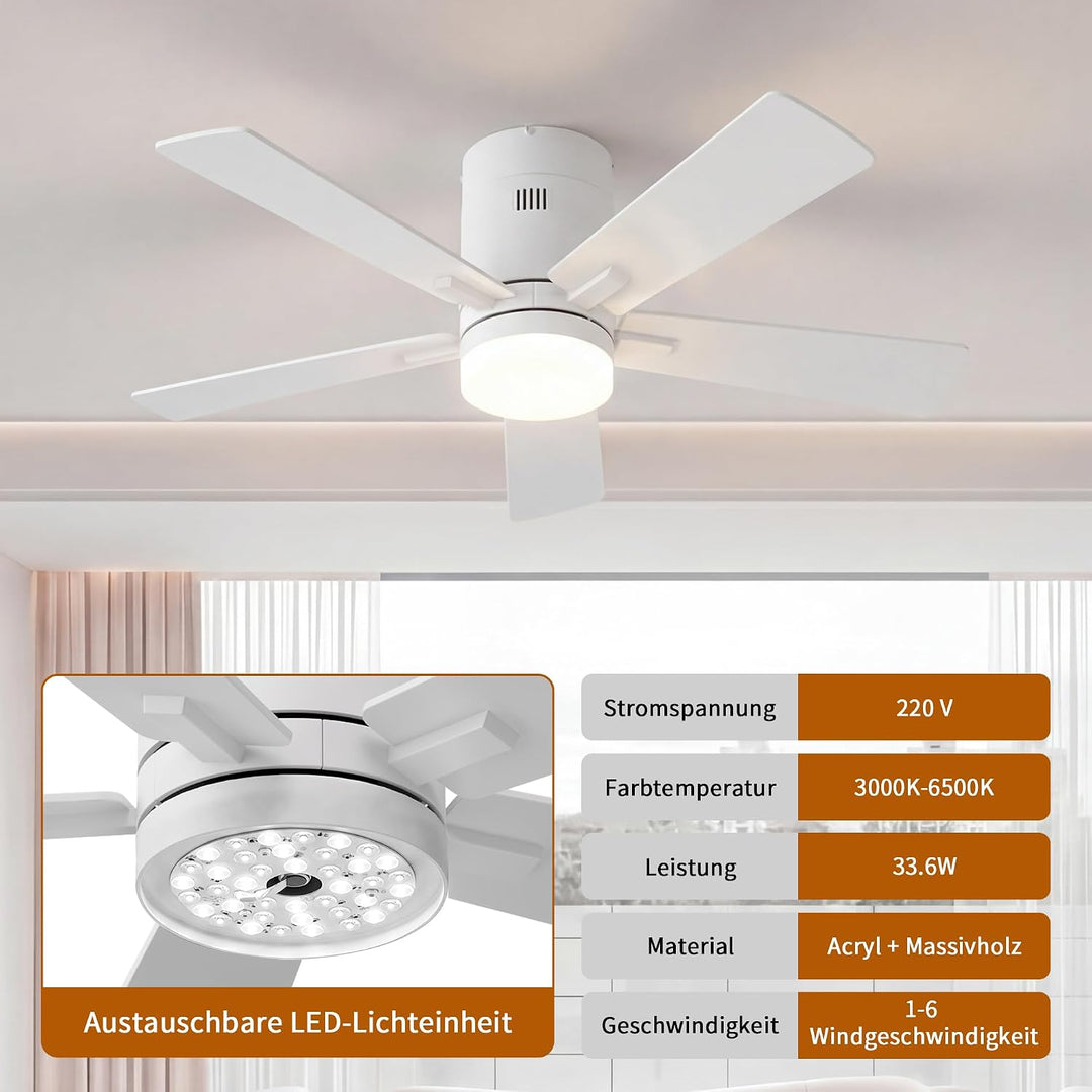 Deckenventilator mit Beleuchtung 106.6 cm, 5 Massivholzflügel (Weiss) | Ultraflaches Design 28 cm, 6