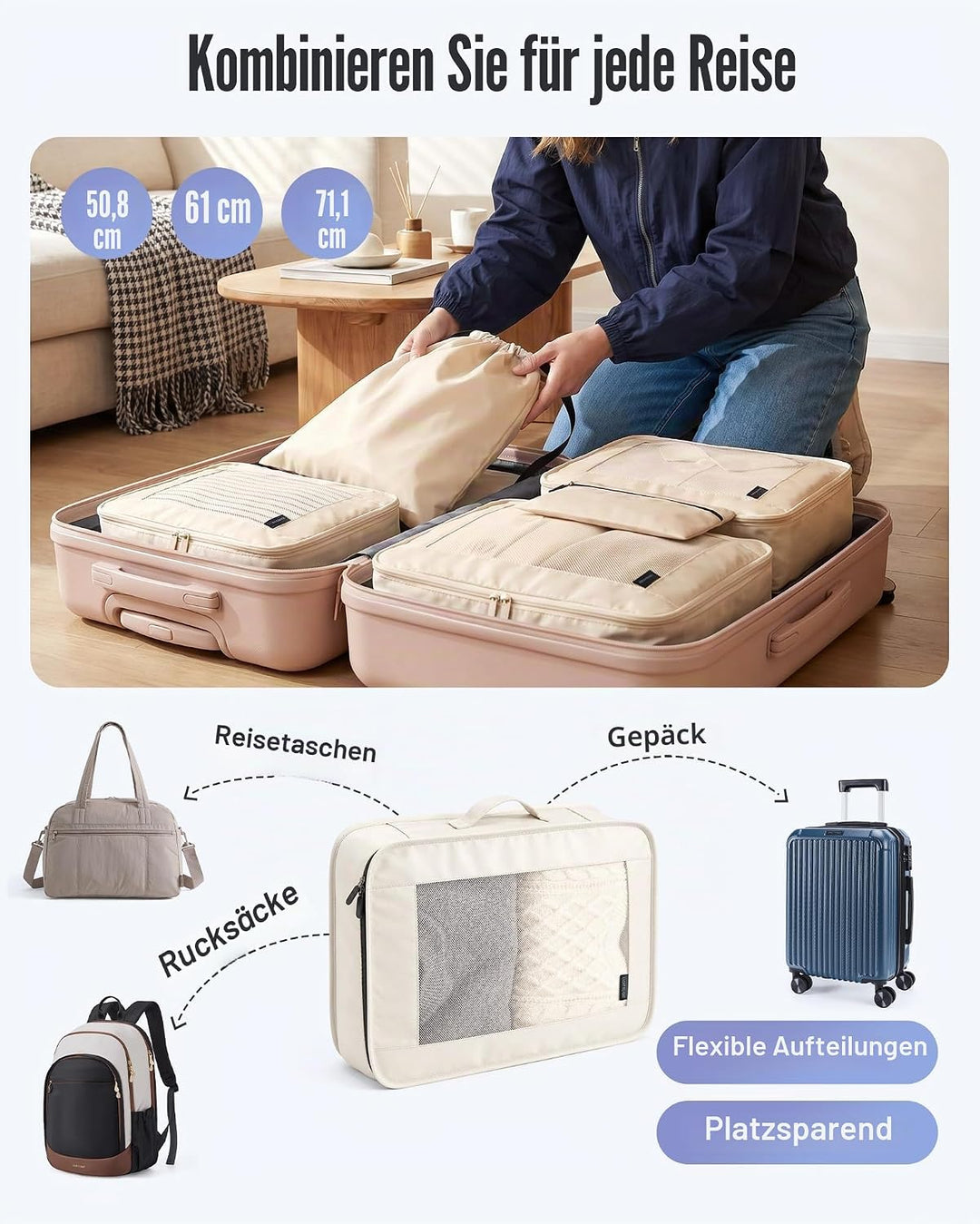 Light Flight Koffer Organizer 8-teilig Packing Cubes mit Tragegriff | Platzsparender Reiseorganizer