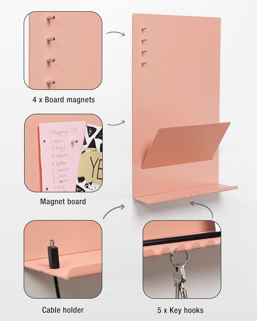 byde Wandorganizer Heke aus Stahlstruktur. 30 x 9 x 49 cm 3-in-1 Wandregal mit Magnettafel und Magne