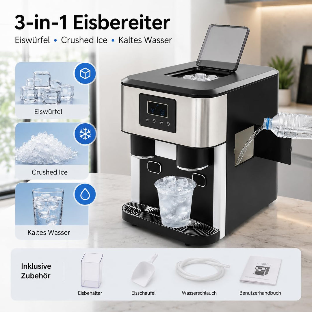 ‌3-in-1 Eismaschine mit Crushed Ice & Kaltwasser, 600g/16 Eiswürfel, 7-9 Min Schnellbereitung, LCD-D