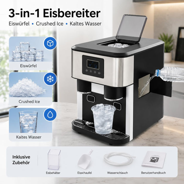 ‌3-in-1 Eismaschine mit Crushed Ice & Kaltwasser, 600g/16 Eiswürfel, 7-9 Min Schnellbereitung, LCD-D