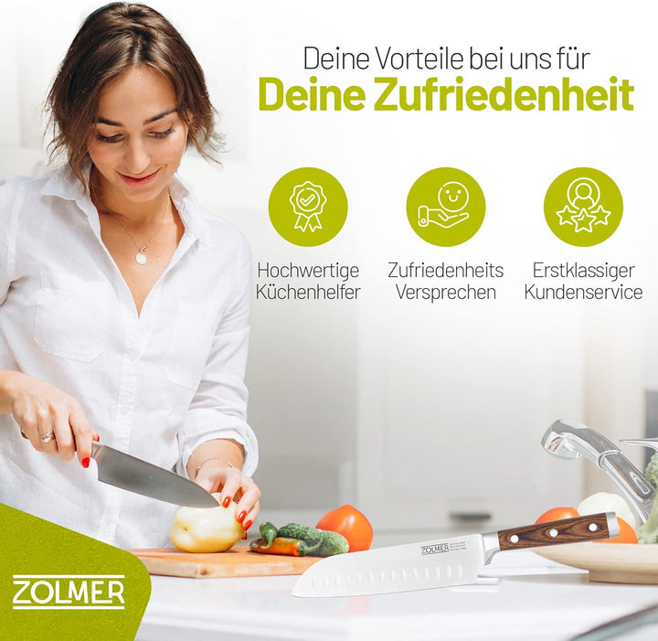 Zolmer® Santoku Messer - Extra scharfes Küchenmesser - Allzweck Messer mit komfortablem Griff aus Pa