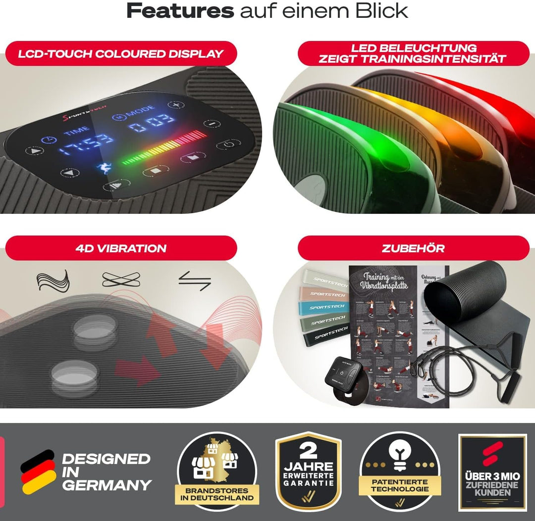 Sportstech 4D Vibrationsplatte VP400 im Curved Design + Trainings-Videos, Color Touch Display, Riese