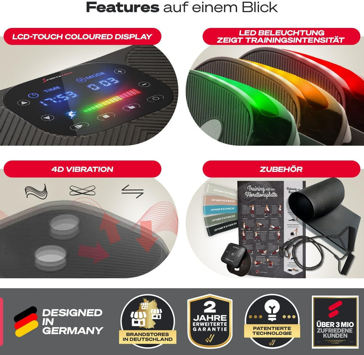 Sportstech 4D Vibrationsplatte VP400 im Curved Design + Trainings-Videos, Color Touch Display, Riese