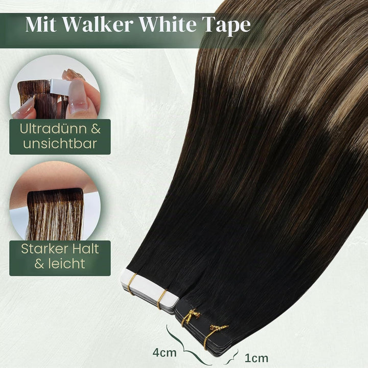 Ugeat Haarextension Tape in Echthaar 55cm Tapes in Echthaar Extension Balayage Schwarz zu Karamell B