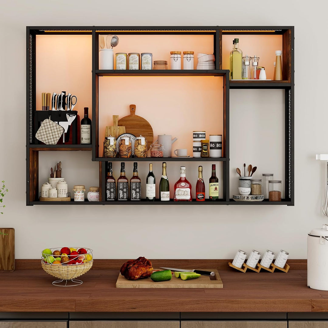 YOURLITE Weinregal Wand, mit LED-Beleuchtung Metall, Bar Regal mit LED-Licht, Wandmontage Wine Displ