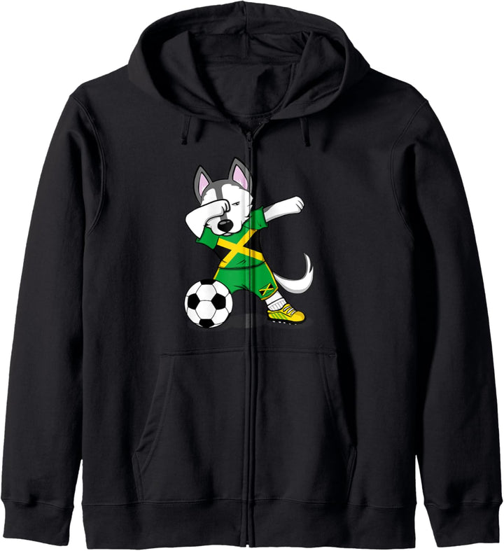 Tupfen Husky Dog Jamaika Fussball - Jamaikanische Flagge Kapuzenjacke