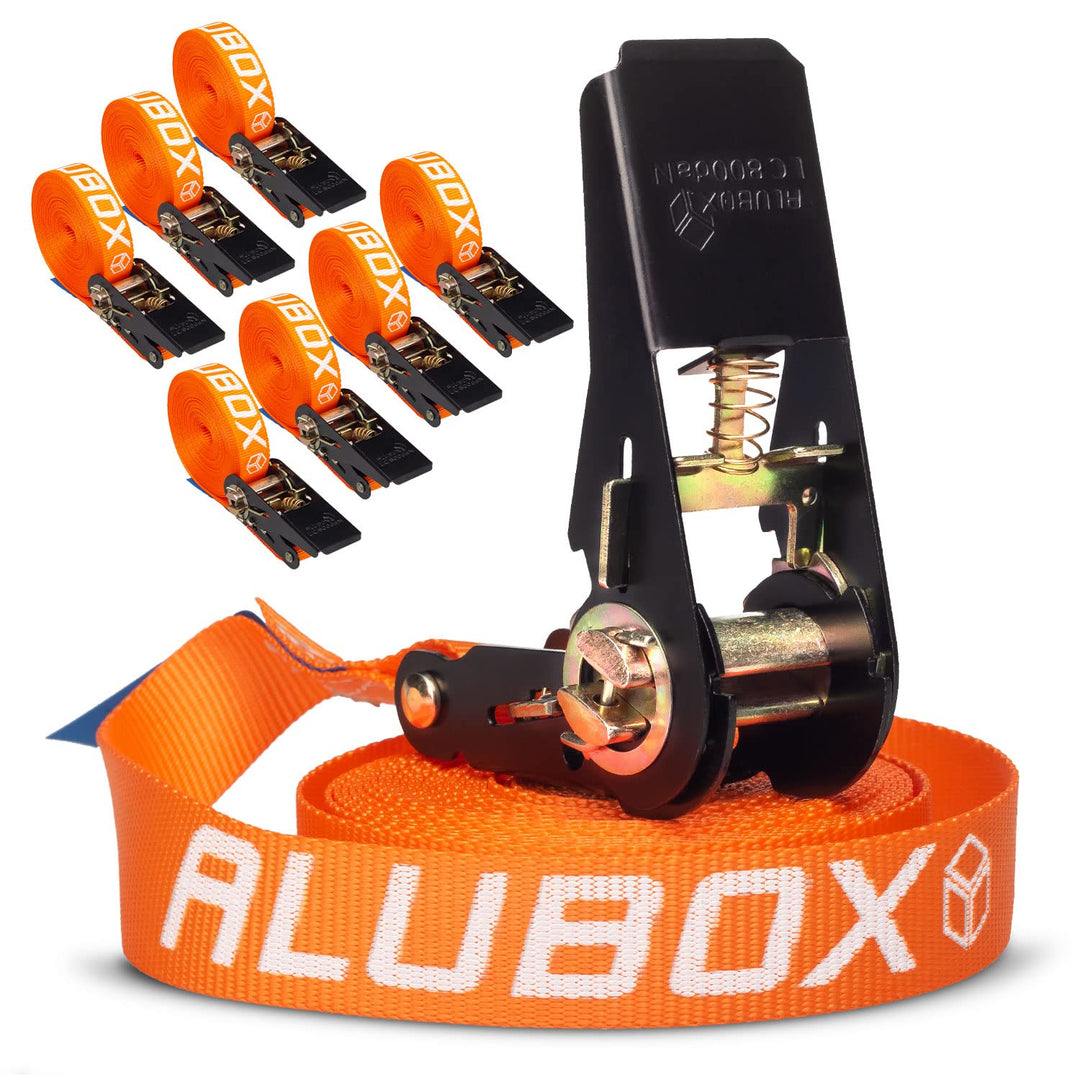 Alubox Spanngurt mit Ratsche 25mm breit orange Belastbarkeit 800kg Ratschengurt TÜV G/S geprüft - Lä
