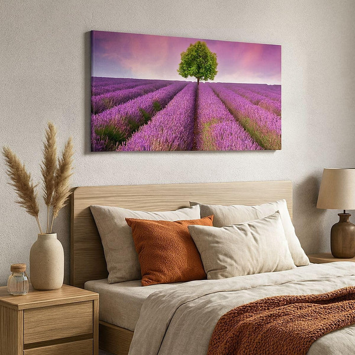Wandbilder Dekoration Wohnzimmer Wiese lavenda Sommer Landschaft Panorama Bilder auf Leinwand 120x50