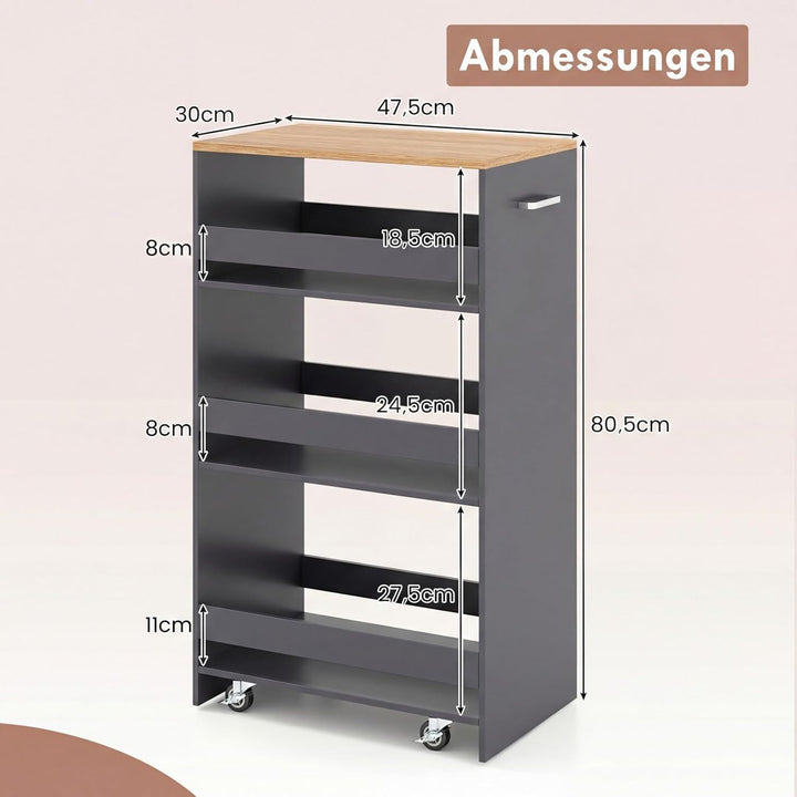 COSTWAY Nischenwagen 30cm breit, 4 Etagen Küchenwagen schmal, Nischenregal auf Rollen, Servierwagen