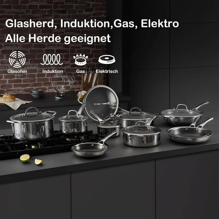 Wokpfanne Induktion 30cm Hybrid-Woks und Bratpfannen, Antihaft Wabenpfanne mit Deckel, Edelstahlpfan