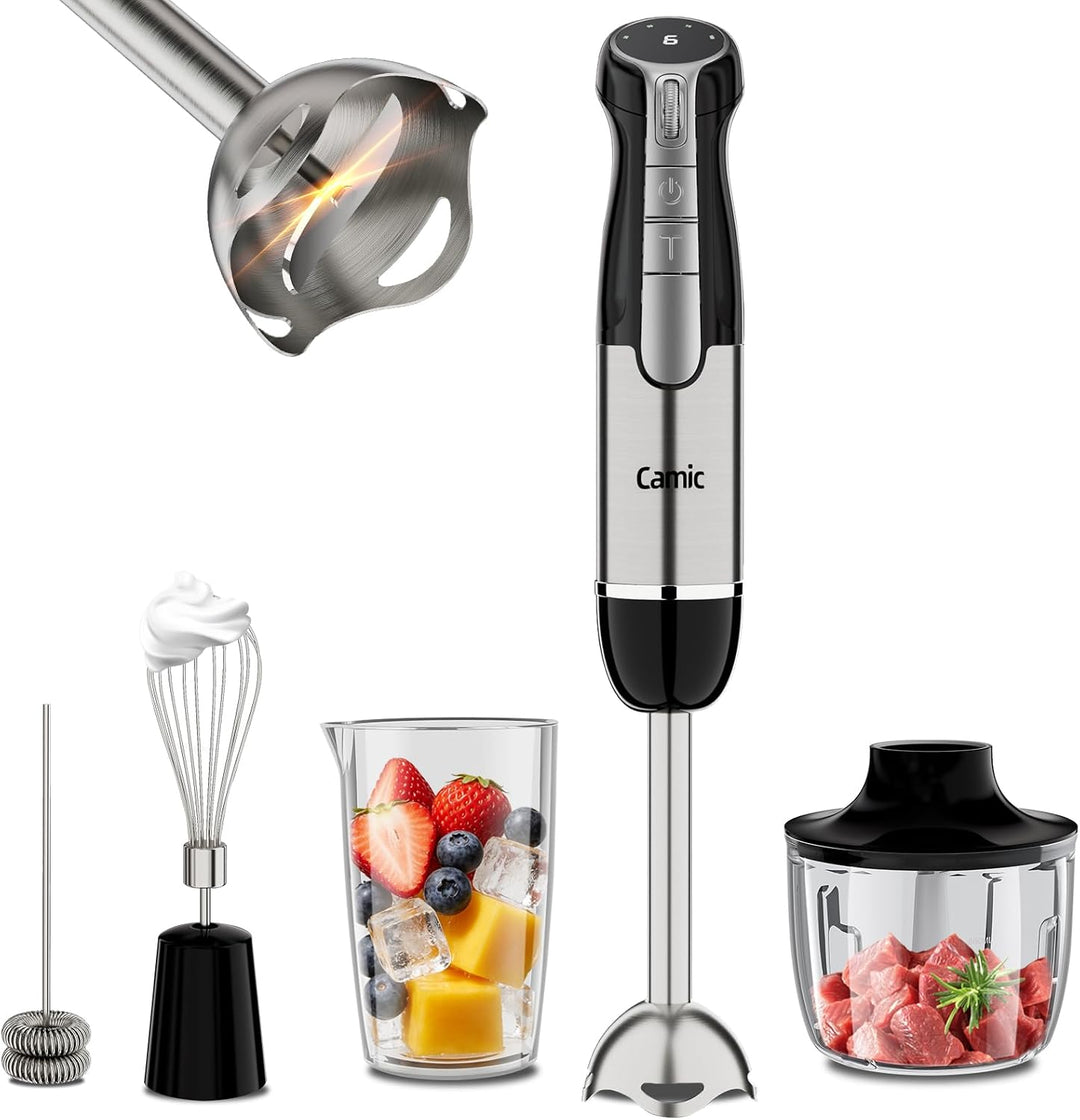 Camic Stabmixer, Kabelloser Elektrische Handmixer mit 6-Stufiger + Turbo, LED-Anzeige, 4-in-1 Tragba