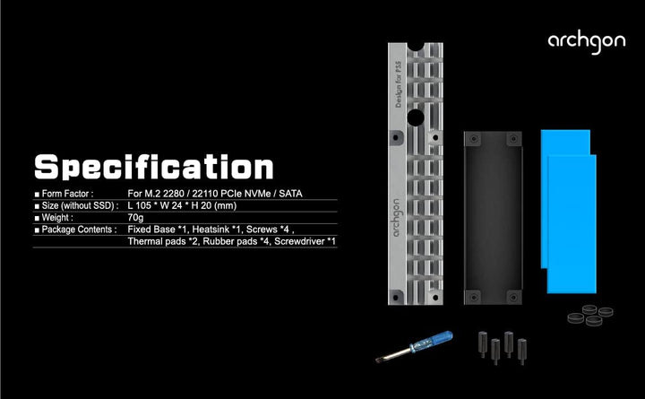Archgon M.2 SSD Kühlkörper für PCIe NVMe 2280/22110 Kühler für PS5, Workstation, Server, Rugged Comp