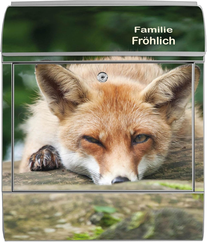 banjado® Design Briefkasten personalisiert mit Motiv Fuchs Relax 39x47x14cm & 2 Schlüssel - Briefkas