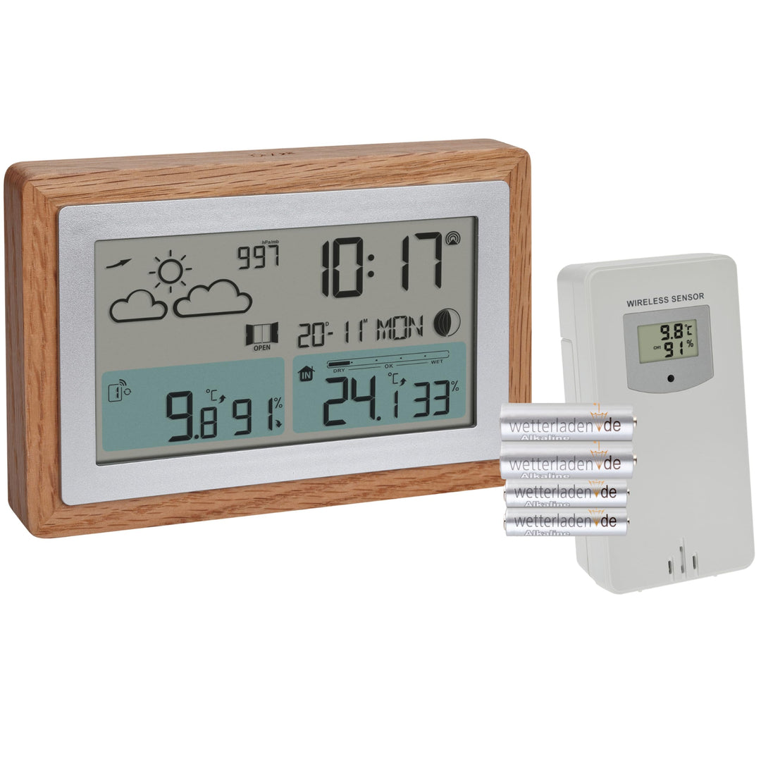 TFA Dostmann Funk-Wetterstation mit Aussensensor OAK, 35.1167 Wettervorhersage, mit Holz-Rahmen, Inn