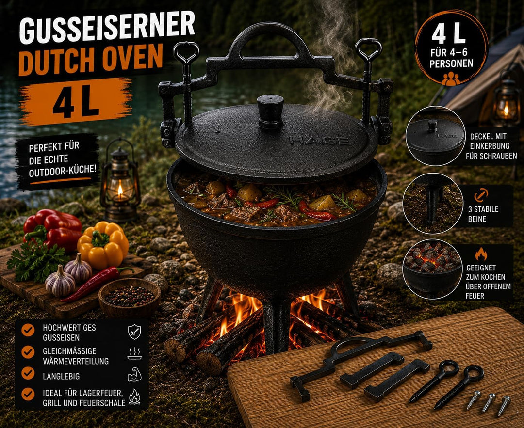 HAGE Gulaschkessel Gusseisen 4L mit Deckel und Standfüssen Dutch Oven Feuertopf für Lagerfeuer Grill