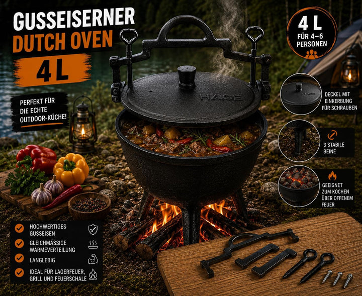 HAGE Gulaschkessel Gusseisen 4L mit Deckel und Standfüssen Dutch Oven Feuertopf für Lagerfeuer Grill