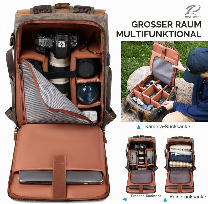 Padwa Lifestyle Kaffee Kamerarucksack - wetterfeste Kameratasche aus gewachstem Memory Canvas mit 16