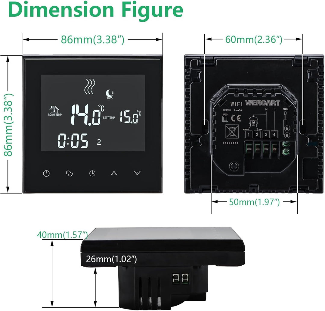 Wengart Home Thermostat WG03-4, AC230V Max16A Programmierbares Touchscreen LCD-Display Arbeit für el