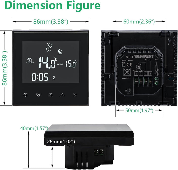 Wengart Home Thermostat WG03-4, AC230V Max16A Programmierbares Touchscreen LCD-Display Arbeit für el