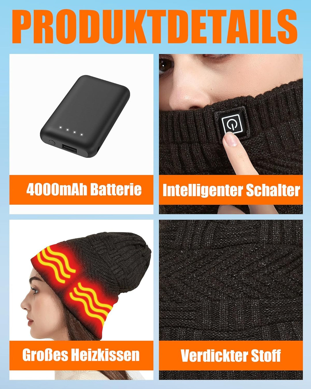 CYCYHEAT Beheizbare Mütze - Nackenwärmer Beheizbarer Schal & Beheizte Mütze für Männer und Frauen mi
