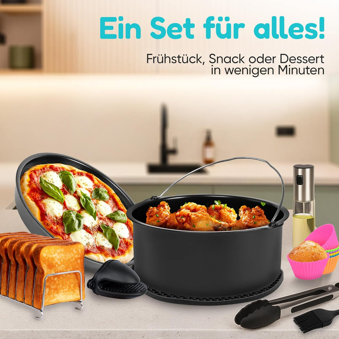 Heissluftfritteuse Zubehör, Airfryer Zubehör, 18 Teile Set. Mit Backform, 100 x Backpapier, Ölsprühe
