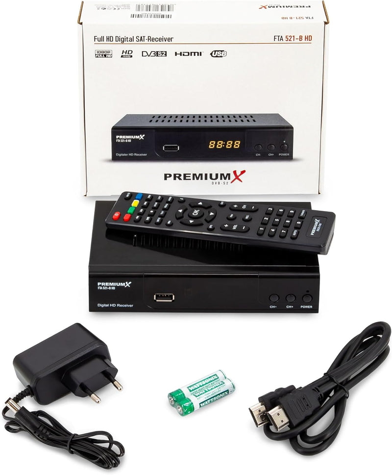 PremiumX Satelliten-Receiver HD 521 FTA Digital SAT TV-Receiver DVB-S2 FullHD HDMI SCART 2X USB Mult