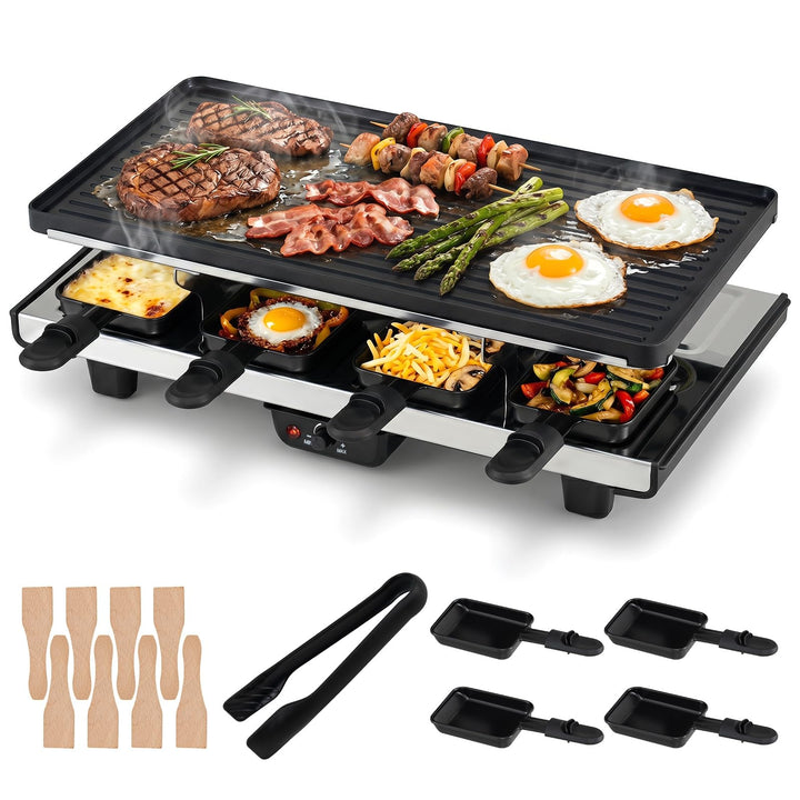 LIFEZEAL Raclette-Grill für 8 Personen, 1400W Elektrogrill mit wendbarer Antihaft-Grillplatte, 8 Pfä