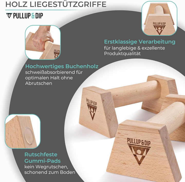 PULLUP & DIP Liegestützgriffe Handstandgriffe mit rundem Holz Griff und hochbelastbarem Stahl - ruts