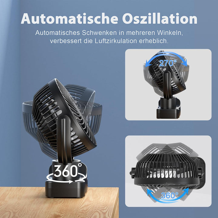 10000mAh USB Ventilator, Akku Camping Ventilator mit Fernbedienung, 360° Oszillation, Clip Ventilato