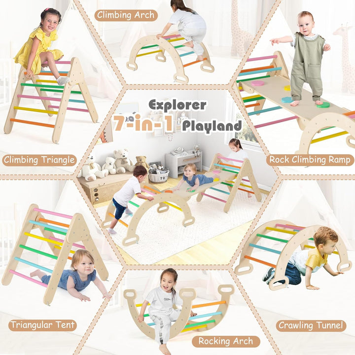 FANTASK 4 in 1 Klettergerüst mit rutsche, Kletterdreieck Holz inkl. doppelseitige Rampe & Kletterbog