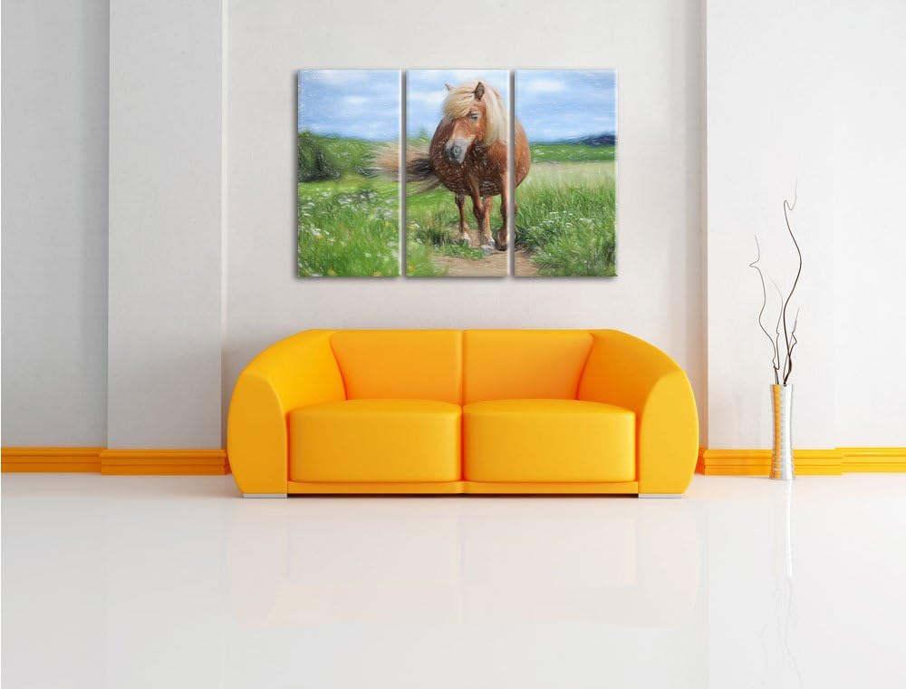 Pixxprint Shetlandpony auf der Wiese Kunst Buntstift Effekt 3-Teiler Leinwandbild 120x80 Bild auf Le