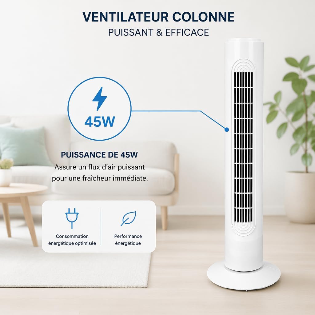 GROWMANIA.ES Säulenventilator, 45 W, weiss | leiser Turmventilator | 3 Geschwindigkeitsstufen | auto