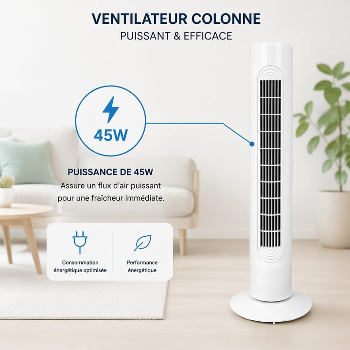 GROWMANIA.ES Säulenventilator, 45 W, weiss | leiser Turmventilator | 3 Geschwindigkeitsstufen | auto