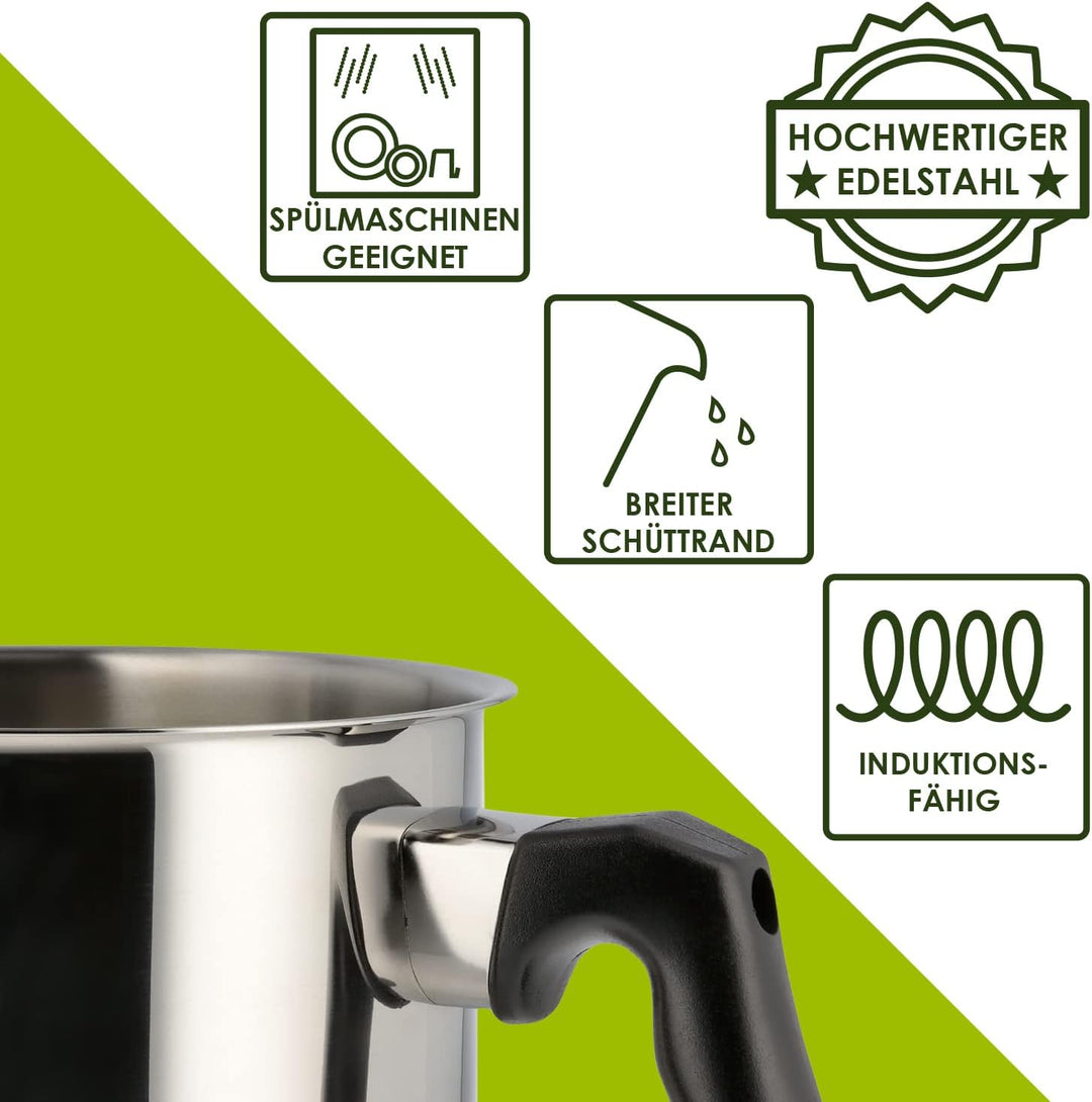 Level One Topf Kochtopf Milchtopf 14 cm Induktion, Edelstahl unbeschichtet | 12 cm hoher Rand, 1,5 L