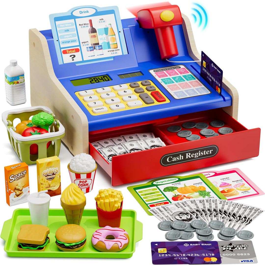 Kinder Kasse Holzkasse mit Sound, Spielkasse Kaufladen Spielzeug mit Spielgeld/Münzen/Kreditkarte/Ei