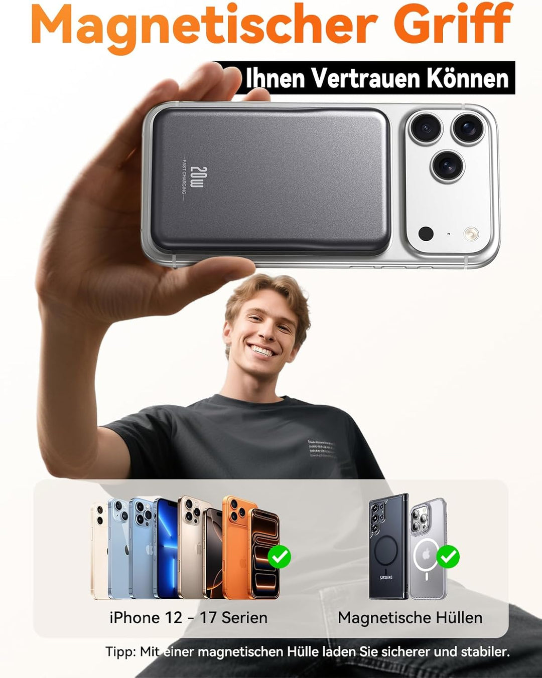 Powerbank für MagSafe, 10000mAh Magnetische Power Bank ohne Kabel, 20W PD Schnellladegerät, Kabellos