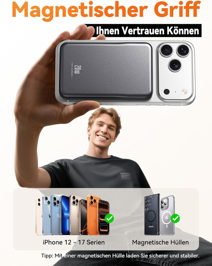 Powerbank für MagSafe, 10000mAh Magnetische Power Bank ohne Kabel, 20W PD Schnellladegerät, Kabellos
