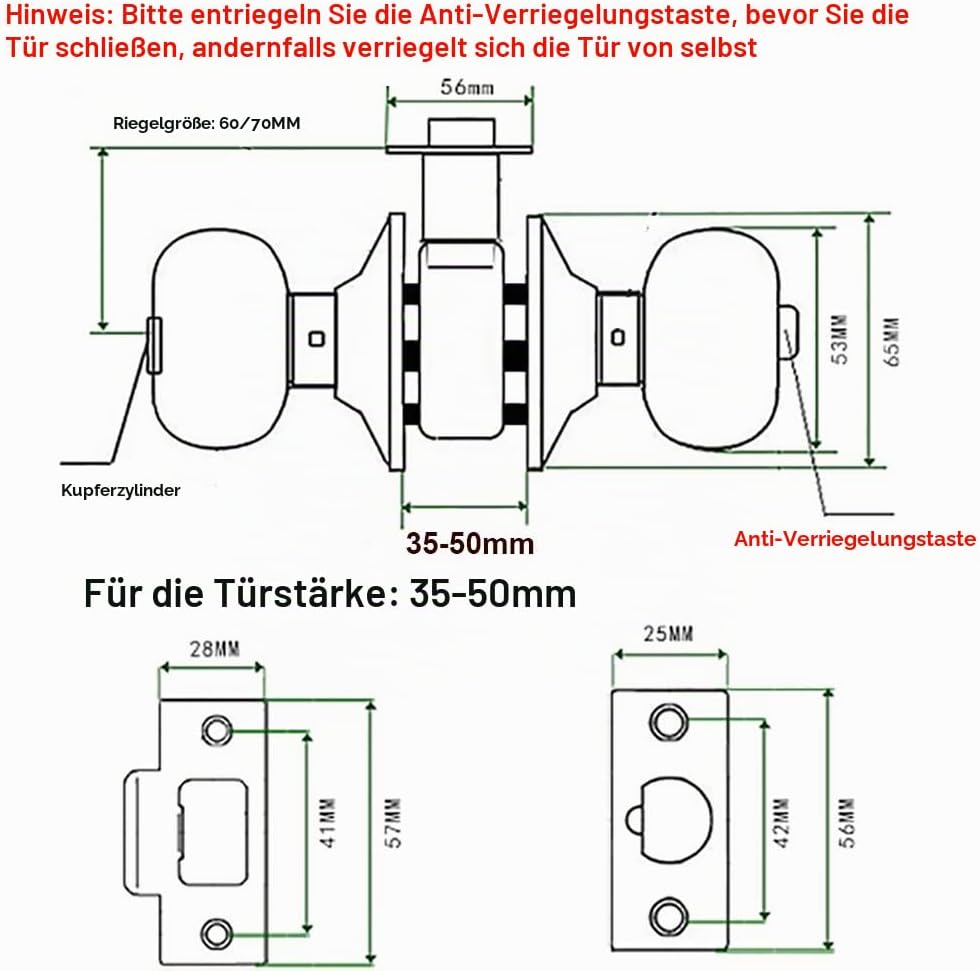 Qrity Türknauf mit Schloss/Schlüssel, Griff Keyed abschliessbar Home Büro rund verriegelt Türknauf,