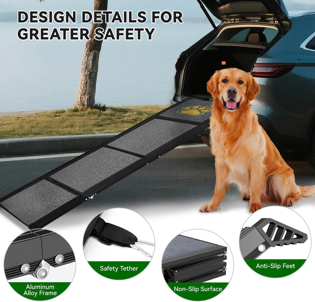 Hunderampe Auto Klappbar 170 x 50 cm Grau, mit Rutschfester Teppichoberfläche, bis 70 kg, Leicht Alu