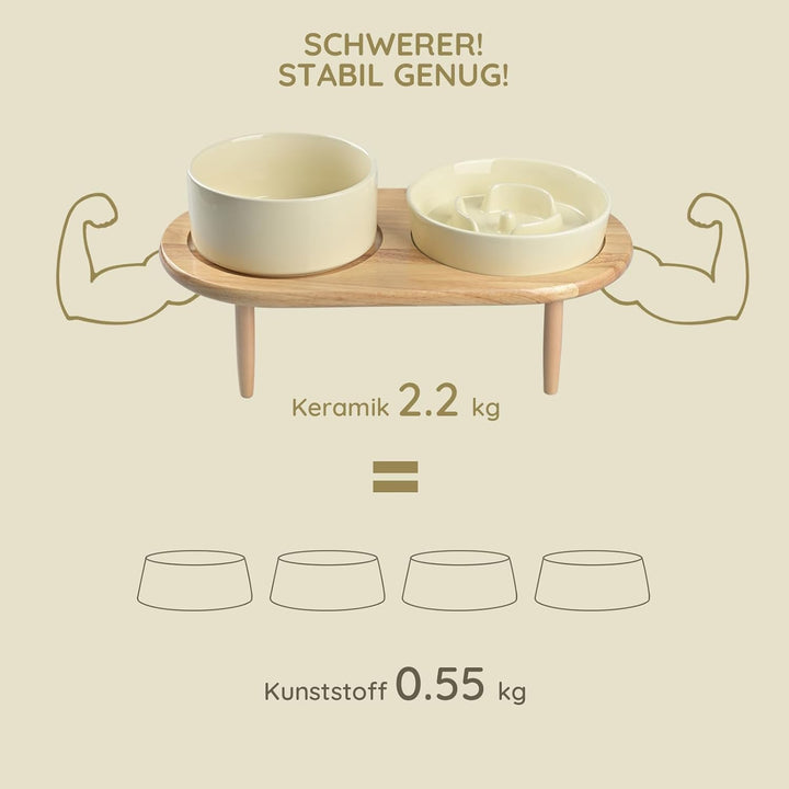 SPUNKYJUNKY Keramik Hundenapf Set Anti Schling Napf mit Bambus Ständer für Katzen und Hunde (Beige)