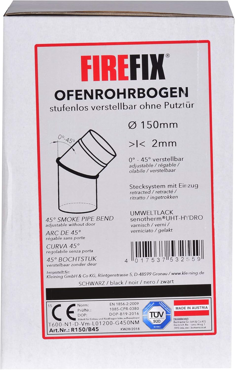 FIREFIX R150/B45 Ofenrohrbogen aus 2 mm starken Stahl (Rauchrohr) in 150 mm Durchmesser, für Kaminöf