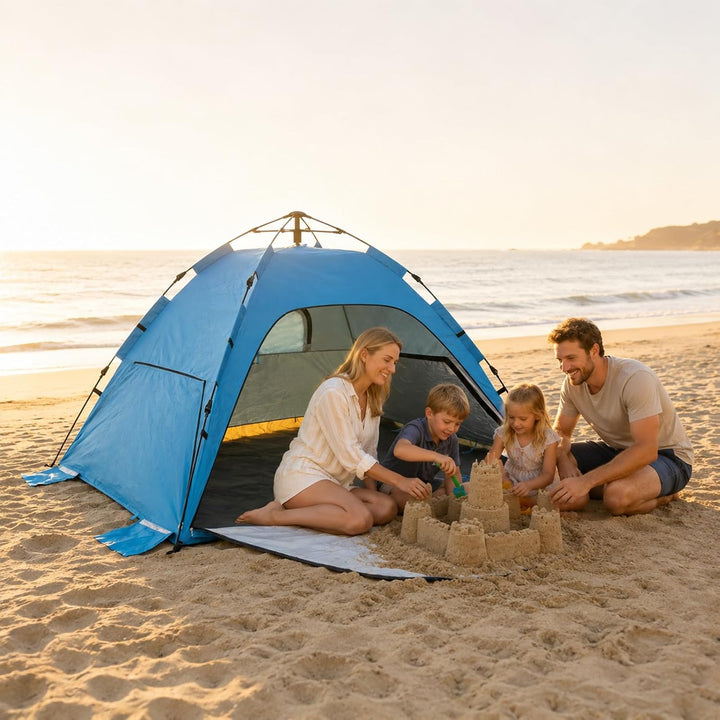 Strandmuschel Pop Up für 2-3 Personen – Automatisches Strandzelt mit Verlängerter Matte, 2 Fenster f