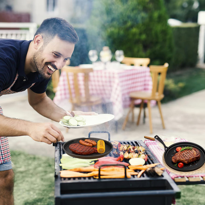 2er Set Gusseisen Pfannen Set Gusseisens Fajita Pfanne mit Holzuntersetzer Anti Verbrüh Schutz Runde